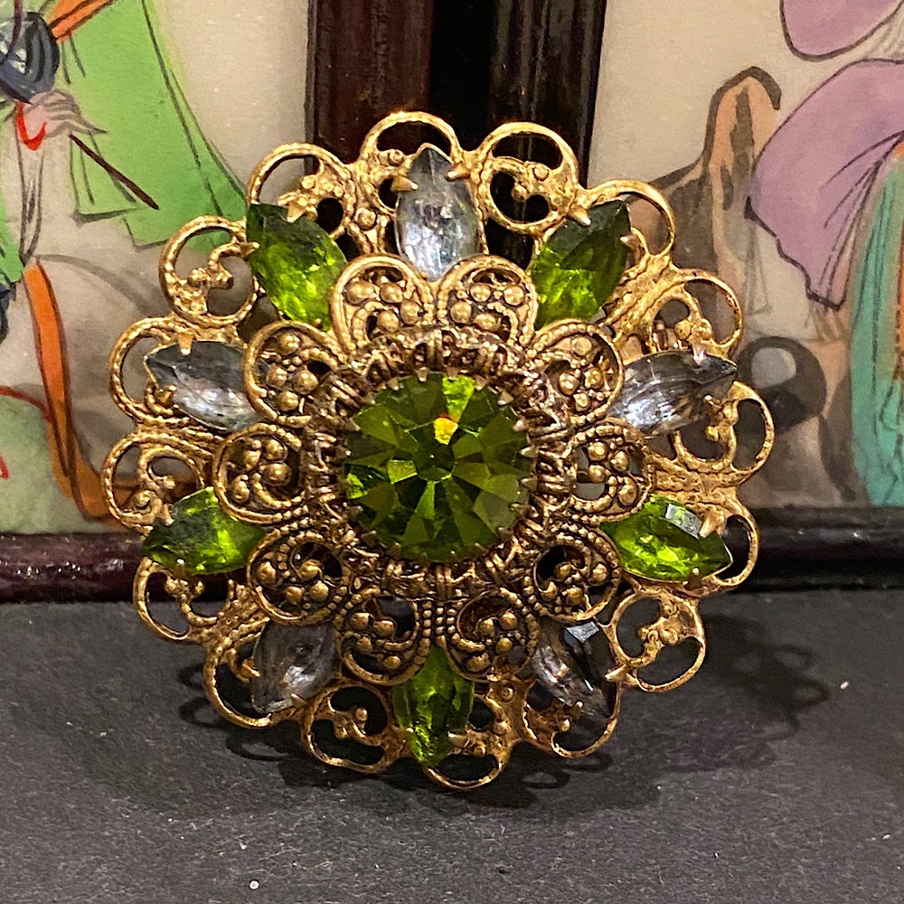 Vintage Gold Tone With Blue and Uranium Glass Brooch. Amazing filigree. Domed